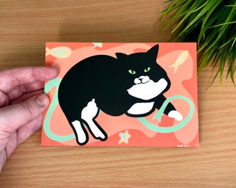 May include: A black and white cat with green eyes is lying on a pink and green background with a fish design. The cat is looking at the viewer.