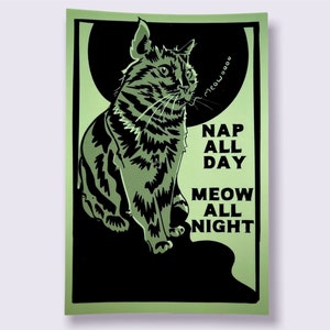 Nap All Day, Meow All Night Postcards / Tabby Cat Postcards / Art Postcards / Funny Cat Humor Cards for Postcrossing