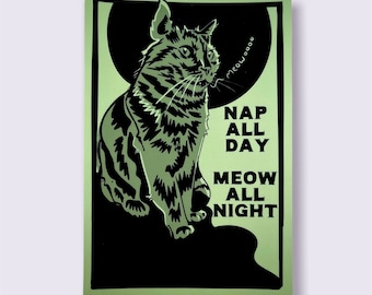 Nap All Day, Meow All Night Postcards / Tabby Cat Postcards / Art Postcards / Funny Cat Humor Cards for Postcrossing