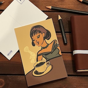 Coffee Time Lady Postcard / Card for Caffeine Lover / Vintage Style Illustration Card