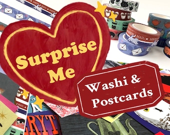 Surprise Me with Washi Tape and Postcards / Get Random Tape and Cards / Grab Bag Blind Box Stationery/ for postcrossing / variety pack