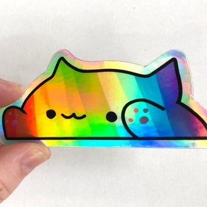 Bongo Cat Rainbow Holographic Vinyl Sticker / Shiny Queer Pride Aesthetic Sticker