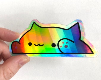 Bongo Cat Rainbow Holographic Vinyl Sticker / Shiny Queer Pride Aesthetic Sticker