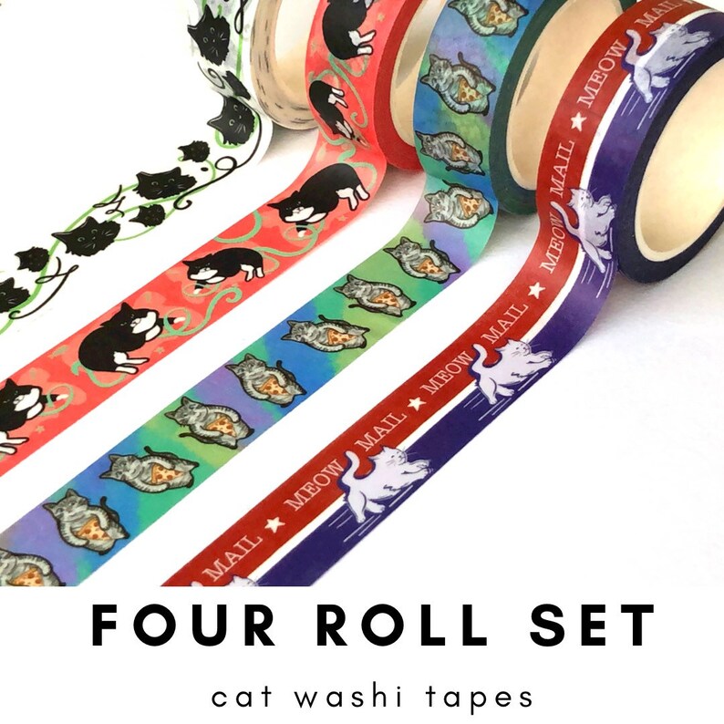 Set of Four Cat Washi Tapes / Illustration Washi Tapes / Decorative Masking Tape for shops Mailing