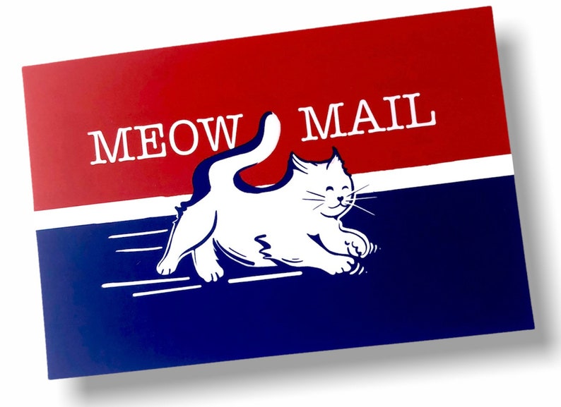 Op de afbeelding: Een rode en blauwe illustratie van een witte kat die rent met de tekst "MEOW MAIL" op een rode achtergrond.