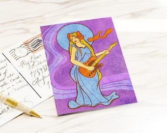 Guitar Fairy Postcards / Art Nouveau Fairies Card for Music Lovers, Postcrossing or Magical Rock n Roll Friends