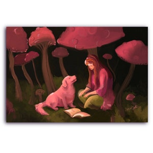 Carte postale d'art / Perdu dans la forêt de champignons / Carte postale de chien fantaisiste / Cartes pour le postcrossing