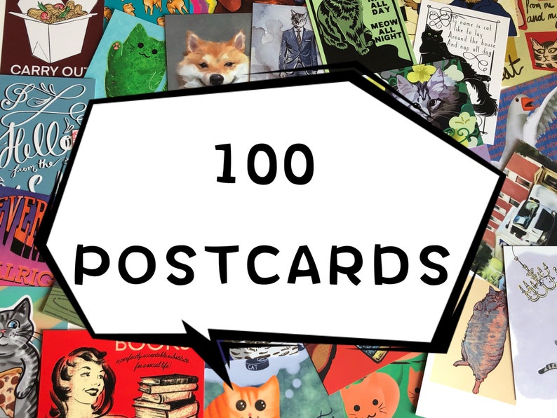Puede incluir: Una colecci&oacute;n de 100 postales con diferentes dise&ntilde;os, incluyendo gatos, animales e ilustraciones. Las postales est&aacute;n dispuestas en un patr&oacute;n aleatorio y todas son diferentes.