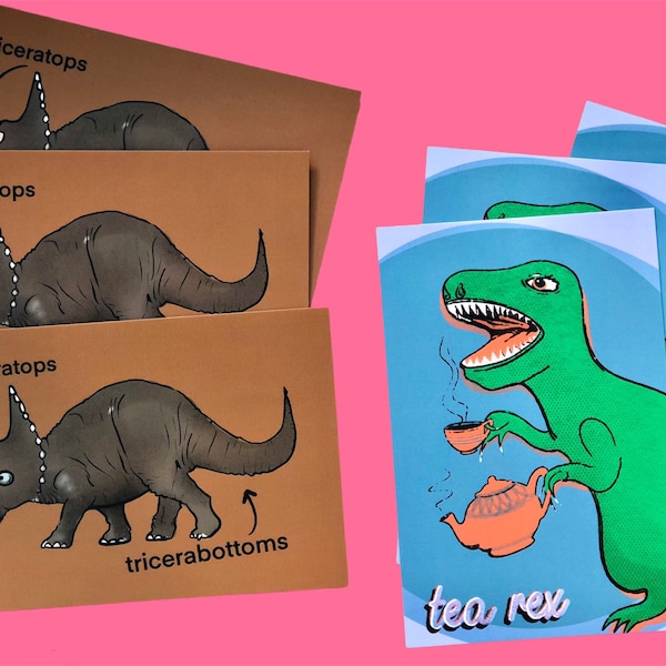 Set of 6 Hilarious Dinosaur Pun Postcards / Pun Postcard Variety Pack / Postcard Set for Postcrossing Kids or Friends / Snail Mail