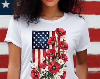 Floral American Flag Shirt, Boho American Flag Tee, 4th of July Shirt, American Flag With Flowers, Patriotic Shirt, USA Flag, Gift for Her