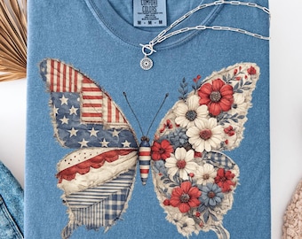 Comfort Colors® American Flag Butterfly Shirt, Patriotic Butterfly Tee, American Patriotic Flower Tee, 4th Of July Tee,Independence Day Gift