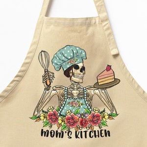 Mom&#39;s Kitchen Apron, Skeleton Chef Apron, Gift for Baker, Funny Cooking Apron, Mom Baking Apron, Chef Aprons, Gift For Mother&#39;s Day Apron