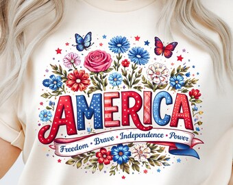 America Shirt,Patriotic Flower Tee,Independence Day Shirt,USA Floral Tee,American Flag,Not Real Painting,250th Anniversary Patriotic Tee