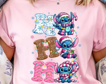 Christmas Blue Monster Coquette Shirt, Cartoon Blue Character Tee, Ho Ho Ho Christmas Stitch Tee, Holiday Movie Character, Stitch Christmas
