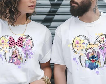 Disney Stitch and Angel Shirt, Mickey Ear Stitch and Minnie Bow Angel Couple Tee, Minnie Bow Angel Girl Tee, Disney Trip Family Matching Tee