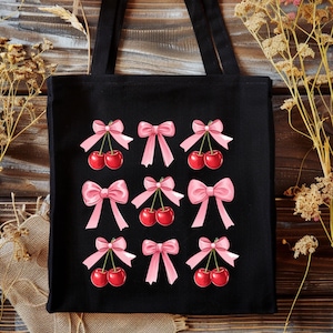 Cherry Tote Bag, Coquette Tote Bag, Pink Bow Bag, Coquette Cherry Bag Soft Girl Aesthetic Cherries Bag Coquette Gifts for Her Cherry Lover