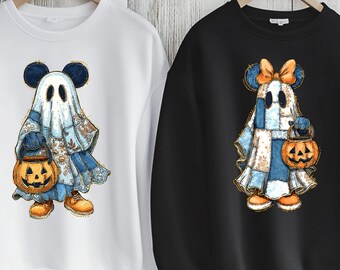 Mickey and Minnie Halloween Sweatshirt, Retro Halloween Floral Cartoon Mouse Couple Sweatshirt, Halloween Ghost, Spooky Cartoon Matching Tee