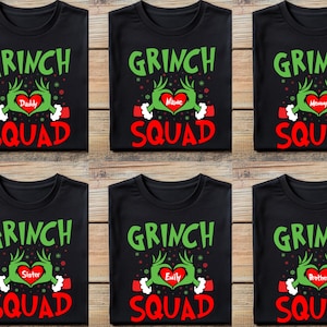 Benutzerdefinierte Grinch Squad T-Shirt, Weihnachtsfamilie passendes Grinch Squad Shirt, personalisiertes Grinch Hand Herz T-Shirt, Weihnachtspyjama Grinch Familien T-Shirt
