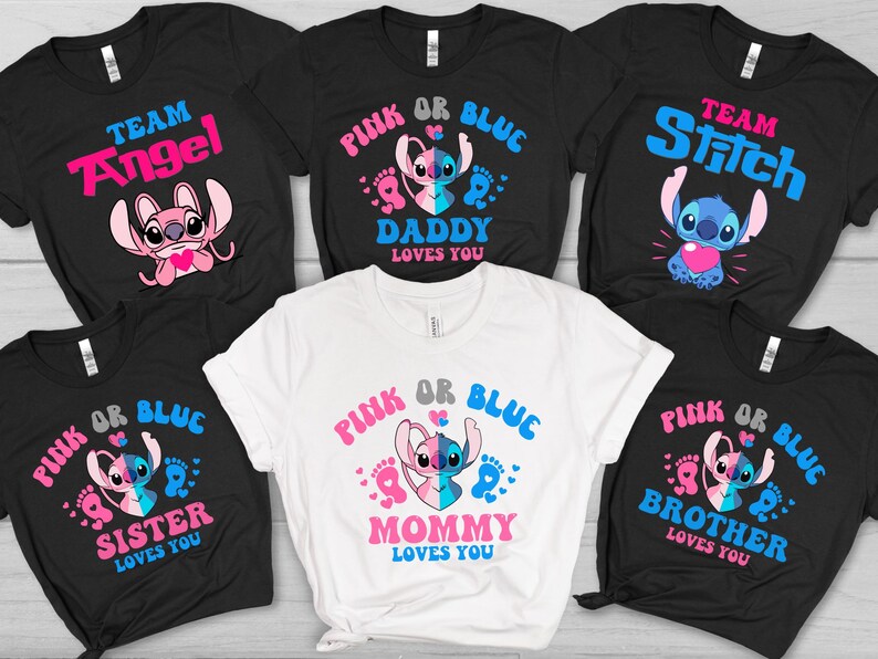 May include: Five black and white t-shirts with a pink or blue theme. The shirts feature a cartoon Stitch character with the text "Team Angel", "Pink or Blue Daddy Loves You", "Team Stitch", "Pink or Blue Sister Loves You", and "Pink or Blue Mommy Loves You".
