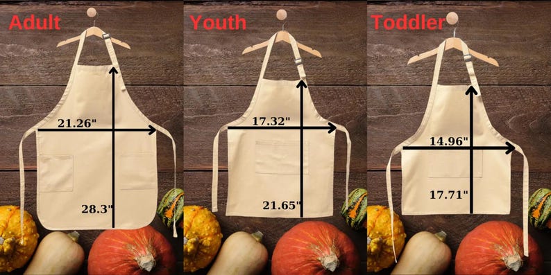 May include: Three beige canvas aprons with adjustable neck straps and a single pocket. The aprons are labeled "Adult", "Youth", and "Toddler" and are shown with measurements in inches.