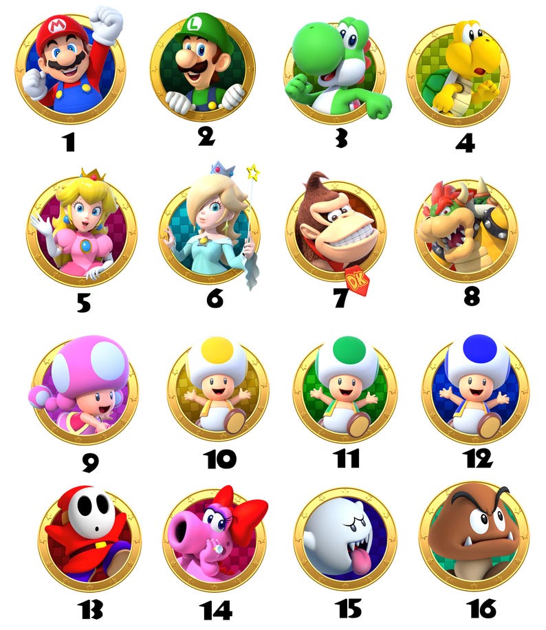 Peut inclure: Une collection de seize portraits circulaires de personnages de la s&eacute;rie de jeux vid&eacute;o Super Mario. Chaque personnage est plac&eacute; sur un fond dor&eacute; avec un num&eacute;ro de 1 &agrave; 16. Les personnages incluent Mario, Luigi, Yoshi, et d'autres.