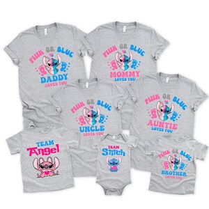 May include: A set of six gray t-shirts featuring a blue and pink Stitch character from the Disney movie Lilo & Stitch. The shirts have the text "Pink or Blue" and different family member titles, such as "Mommy", "Daddy", "Uncle", "Auntie", "Brother", and "Team Angel" or "Team Stitch".