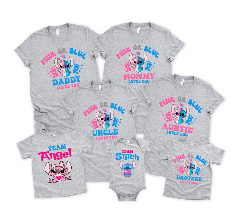 May include: A set of six gray t-shirts featuring a blue and pink Stitch character from the Disney movie Lilo & Stitch. The shirts have the text "Pink or Blue" and different family member titles, such as "Mommy", "Daddy", "Uncle", "Auntie", "Brother", and "Team Angel" or "Team Stitch".