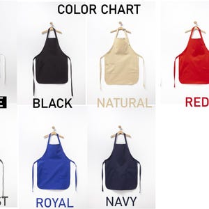 May include: Color chart showing 10 different colors of aprons. The colors are white, black, natural, red, forest, royal, navy, grey, brown, and beige.