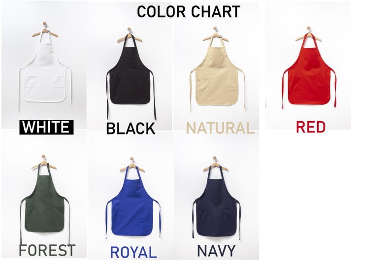 May include: Color chart showing 10 different colors of aprons. The colors are white, black, natural, red, forest, royal, navy, grey, brown, and beige.