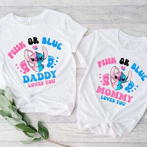 Stitch Gender Reveal Shirt – Disney Pink or Blue Baby Shower Tee – Angel & Stitch Couple Matching Shirts – Mommy Daddy Loves You- Gender Tee image 6