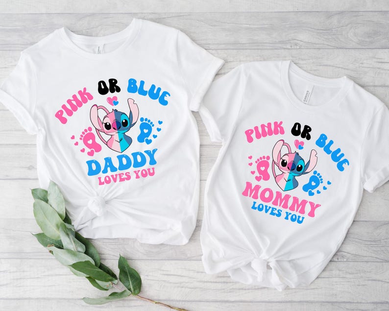 Stitch Gender Reveal Shirt – Disney Pink or Blue Baby Shower Tee – Angel & Stitch Couple Matching Shirts – Mommy Daddy Loves You- Gender Tee image 6