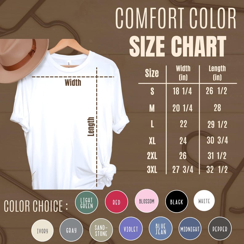 May include: A white t-shirt hanging on a wooden hanger, with a size chart and color options displayed. The size chart shows measurements in inches for width and length, ranging from size small to 3XL. Color choices include light green, red, and black.