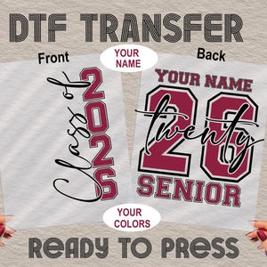 Custom Name Senior 2026 Ready To Press DTF, Class of 2026 DTF Transfer, Back To School DTF Print,Heat Press, Iron On Transfer,Dtf Transfers