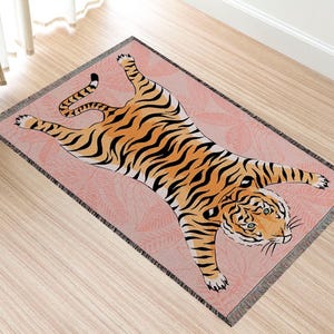 Orange Tiger Modern Print Rug, Rustic Animal Print rug, Rugs for living room, Tiger Pattern Pop Art Rug, Ethnical Tiger Rug, Unique Area Rug