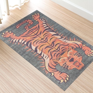 Tibetian Tiger Rug,Tiger Rug,Pink Rug,Living Room Carpets,Non-slip Rugs,Washable Rectangle Rug,Area Rug,Housewarming Gift,Dining Room Carpet