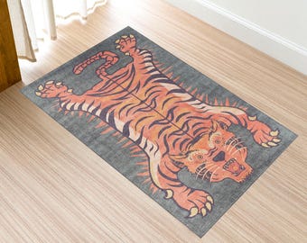 Tibetian Tiger Rug,Tiger Rug,Pink Rug,Living Room Carpets,Non-slip Rugs,Washable Rectangle Rug,Area Rug,Housewarming Gift,Dining Room Carpet