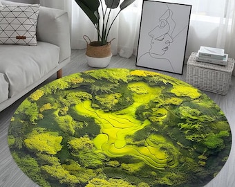 Not Fluffy, Moss Look Carpet, Green Printed Moss Round Carpet, Moss Patterned Carpet, Bath Mat Carpet, Small Printed Carpet, Bathmat Rug
