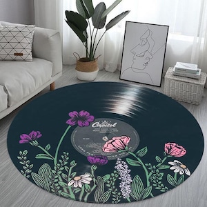 Vinyl Record rug, Painting Rug Carpet, Colorful Flowers Rug, Quote Rug, Floral Pattern Non-Slip Round Record Rug for Teenage Music Room