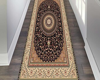 May include: A black and cream patterned runner rug with intricate floral designs. The rug has a border of beige and cream with a black trim.