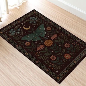 Mystical Luna Moth Rug, Botanical Floral Boho Area Rug,Moon Phase Nature Carpet, Dark Academia Decor Rug,Machine Washable Rug,Awesome Trends