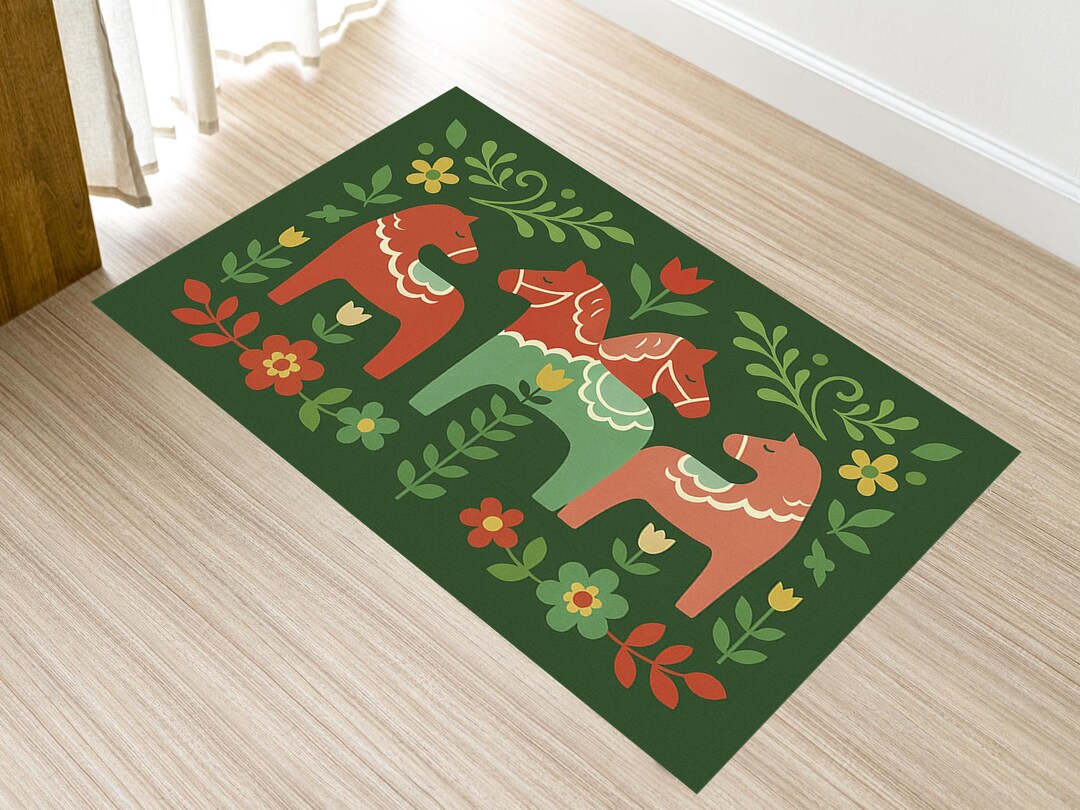 Dala Rugs Nordic Dala Horse Rug, Bold Folk Art Area Rug With Flowers ...