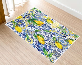Mediterranean Kitchen Rug,Lemon Blue Tile NonSlip Mat,Farmhouse Citrus Theme Decor,Washable Soft Carpet,Home Decoration Rug,Ruggable Rug