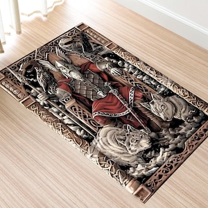 Nordic Rug, Mythological Rug, Scandinavian Rug, Viking Drakkar Symbols Rug, Viking Compass Rug, Valknut Norse Mythology Viking, Ansuz Rug
