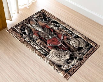 Tappeto nordico, tappeto mitologico, tappeto scandinavo, tappeto con simboli vichinghi drakkar, tappeto con bussola vichinga, tappeto con mitologia norrena Valknut, tappeto Ansuz