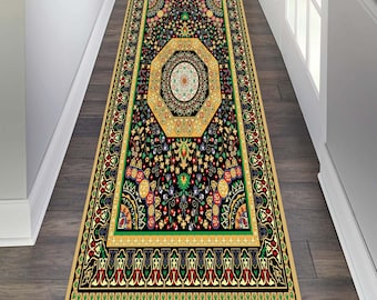 May include: A black and gold patterned runner rug with intricate floral designs and a central medallion. The rug has a cream-coloured border.