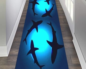 Tappeto squalo, tappeto con motivo squalo, tappeto rotondo squalo, tappeto tema oceano, tappeto mare, tappeto lungo blu, tappeto antiscivolo, tappeto a tema, arredamento nautico, tappeto da corridoio