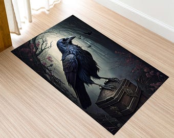 Dywan z gotyckim krukiem, dywan z krukiem inspirowany mroczną akademią, rustykalny kwiatowy wzór z krukiem, dywan z krukiem w stylu boho i czarownicą, dekoracyjny dywan w stylu malarskim