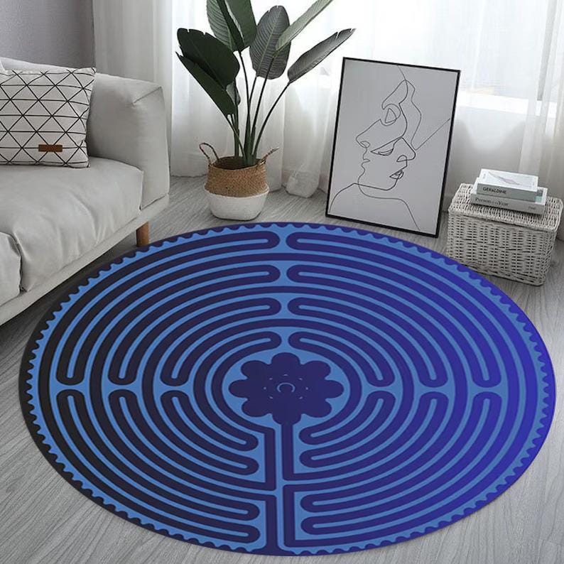 Restorative Behavior Rugs Meditation Yoga Rug, Breathing Exercise Rug, Teal Blue Labyrinth Round ...