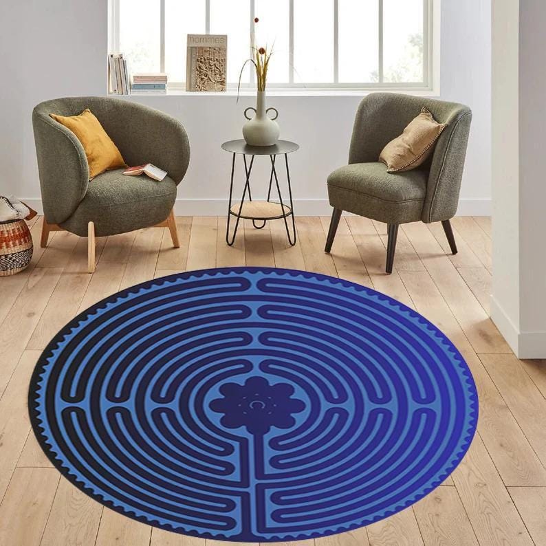 Meditation Yoga Rug, Breathing Exercise Rug, Teal Blue Labyrinth Round ...