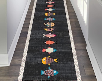Fish Kitchen, Laundry Rug, Non Slip Rug, Washable Carpet Mat,  Runner Carpet Mat,Fish Runner Decor,Black Kitchen Rug,Fish Pattern Rug